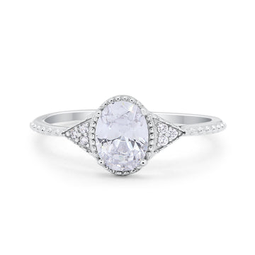 Oval Art Deco Engagement Bridal Ring Simulated Cubic Zirconia 925 Sterling Silver